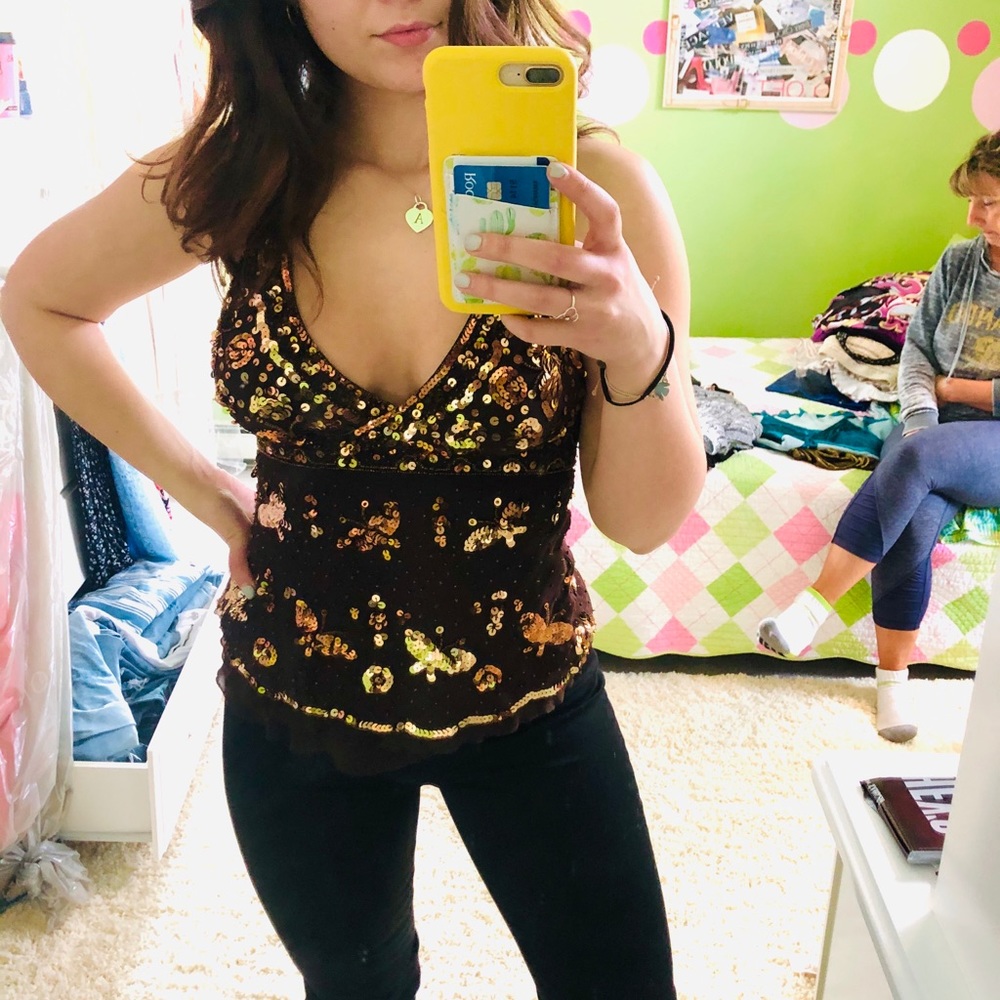 BEBE gold sequin halter